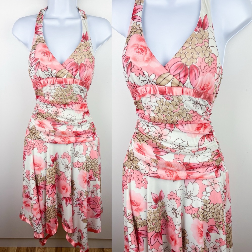 Y2K Floral Fairy Halter Ruched Handkerchief Hem Satin Trim Midi Dress Pink